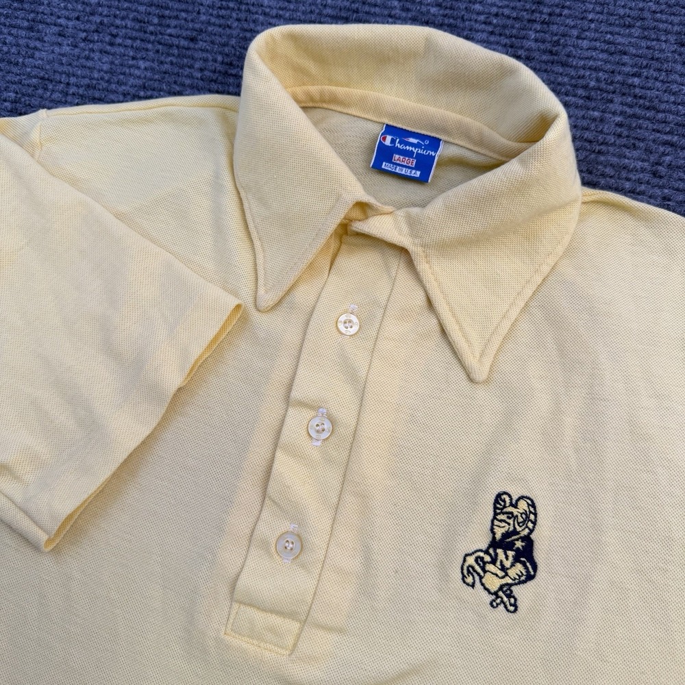 Vintage US Navy Old Bill Champion Polo Shirt‎ Men's Large Pointed Collar Yellow